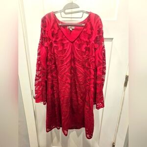Ruby Red Lace Overlay Dress Size 16 Long Sleeve Lined A-Line Boho Holiday Party